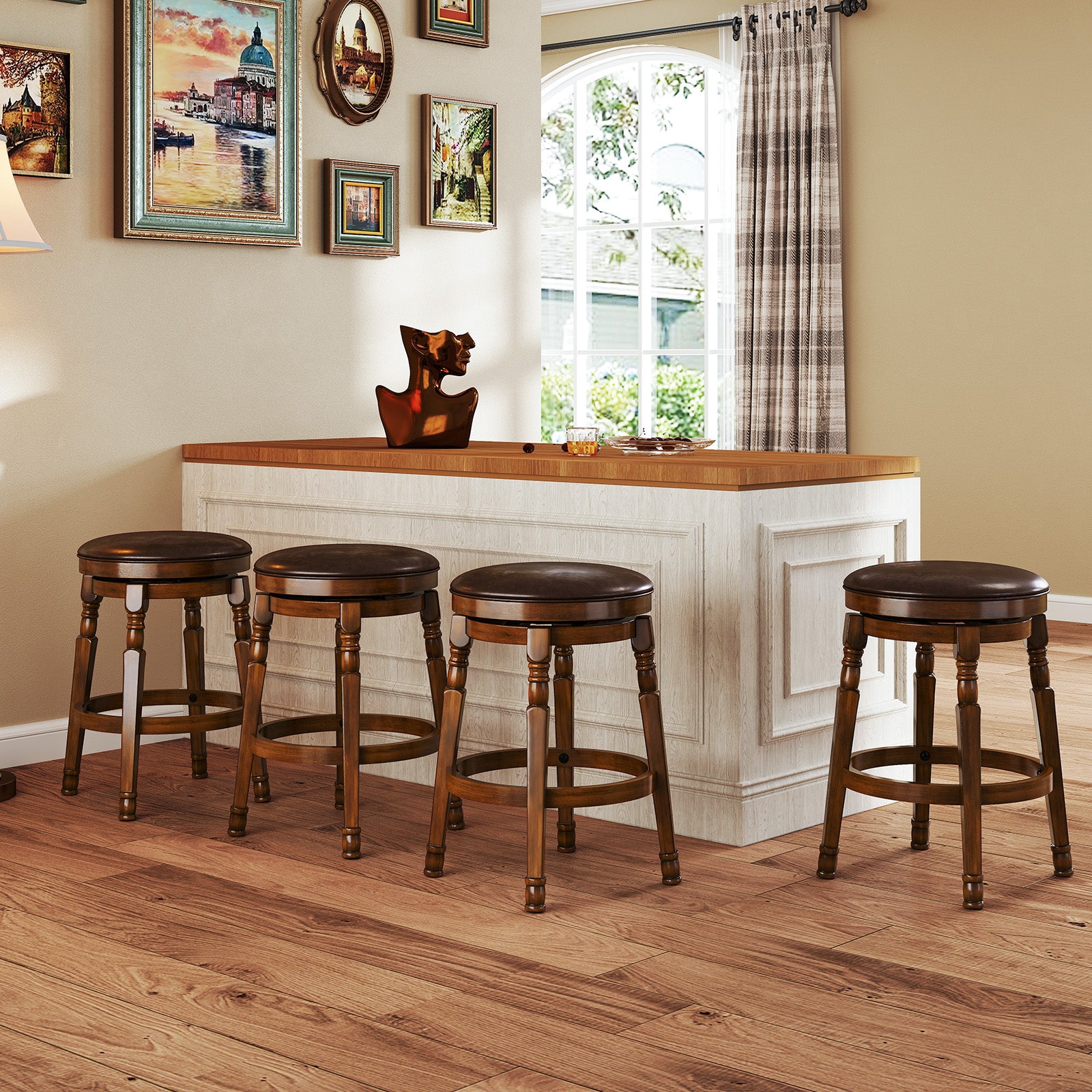 Set of 2 24-Inch Swivel Leather Padded Bar Dining Stools