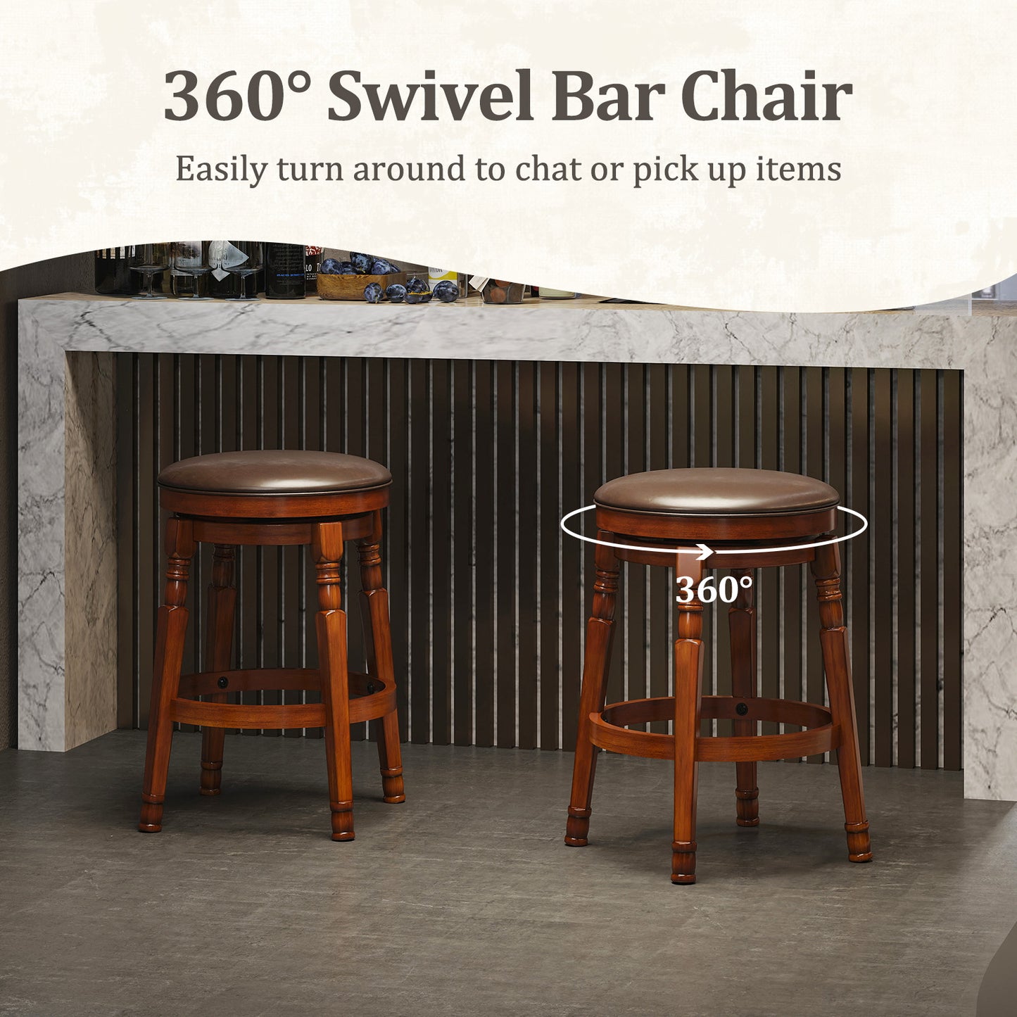 Set of 2 24-Inch Swivel Leather Padded Bar Dining Stools