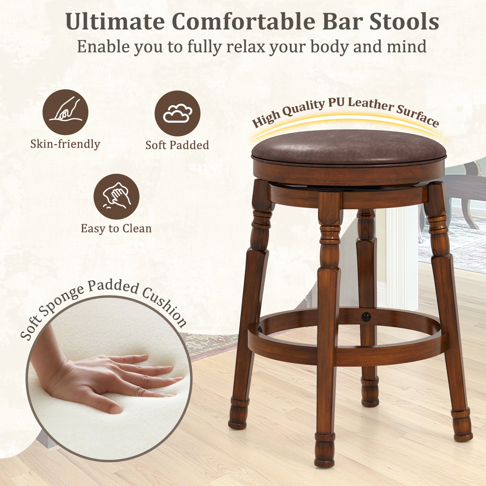 Set of 2 24-Inch Swivel Leather Padded Bar Dining Stools
