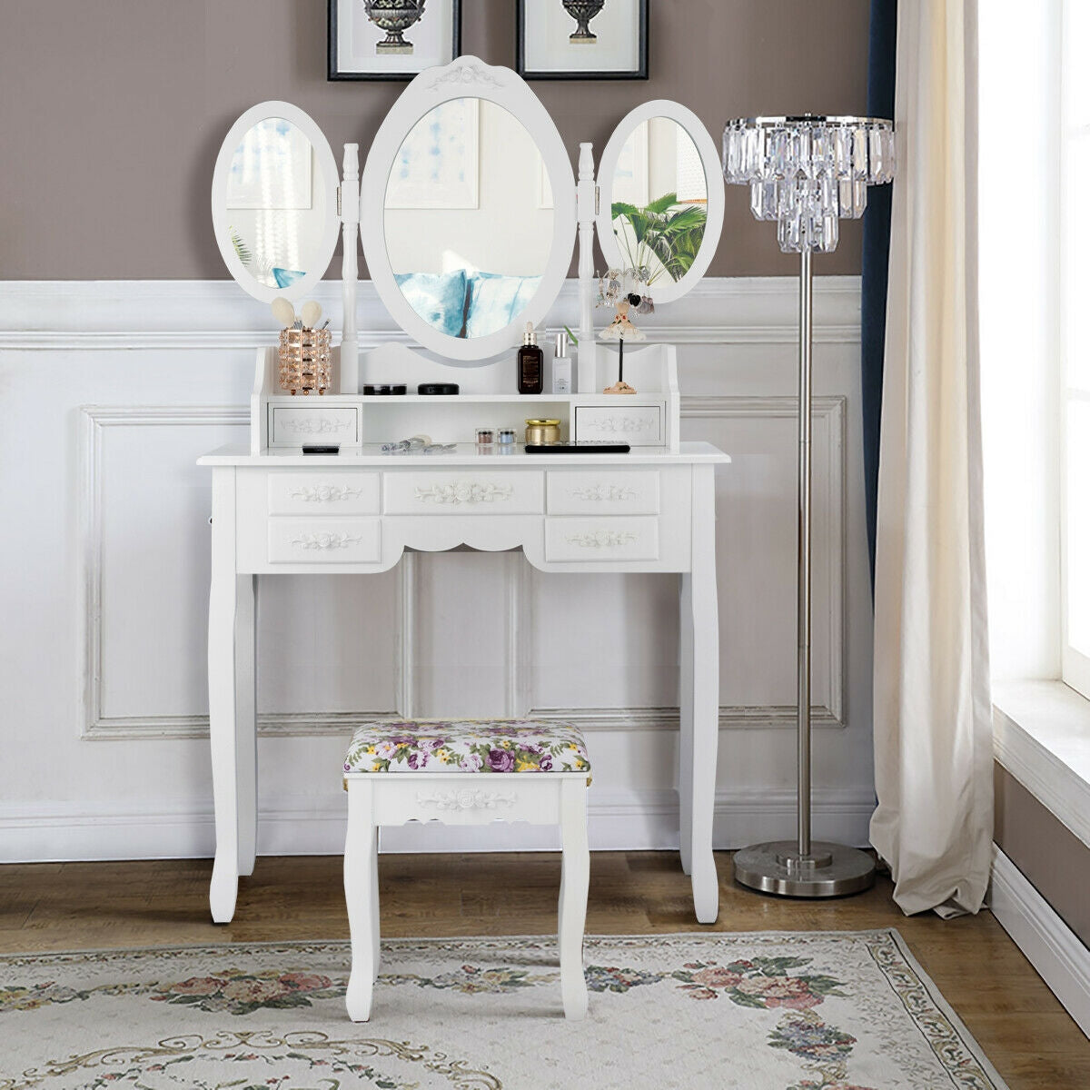 7 Drawer Tri-Folding Mirror Dressing Vanity Makeup Set-White