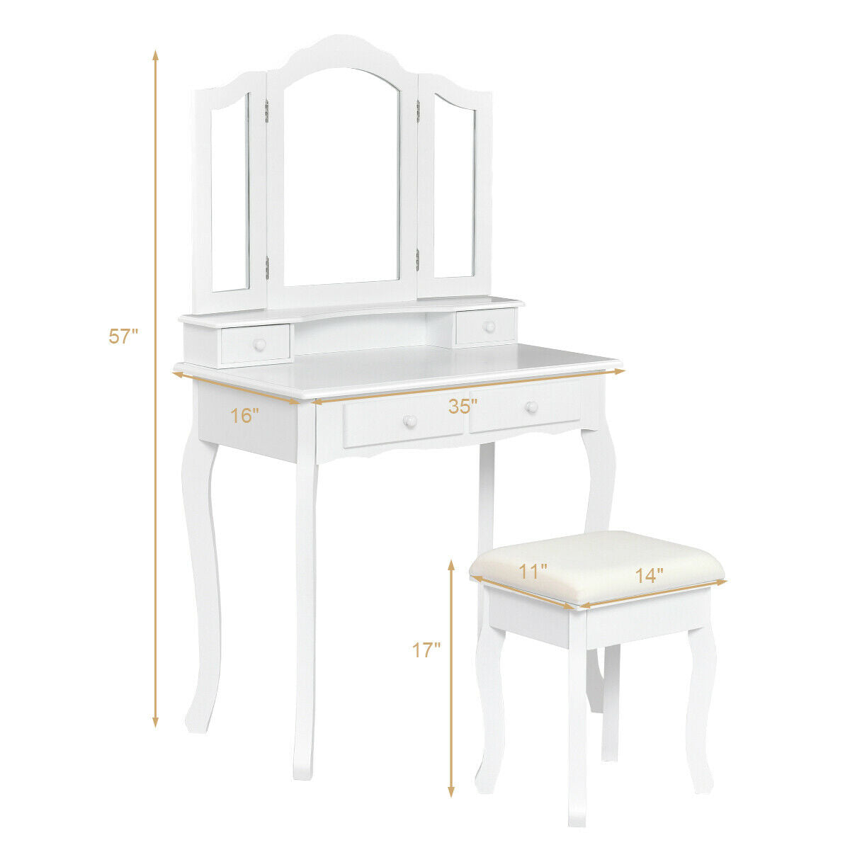 4 Drawers Wood Mirrored Vanity Dressing Table with Stool-White