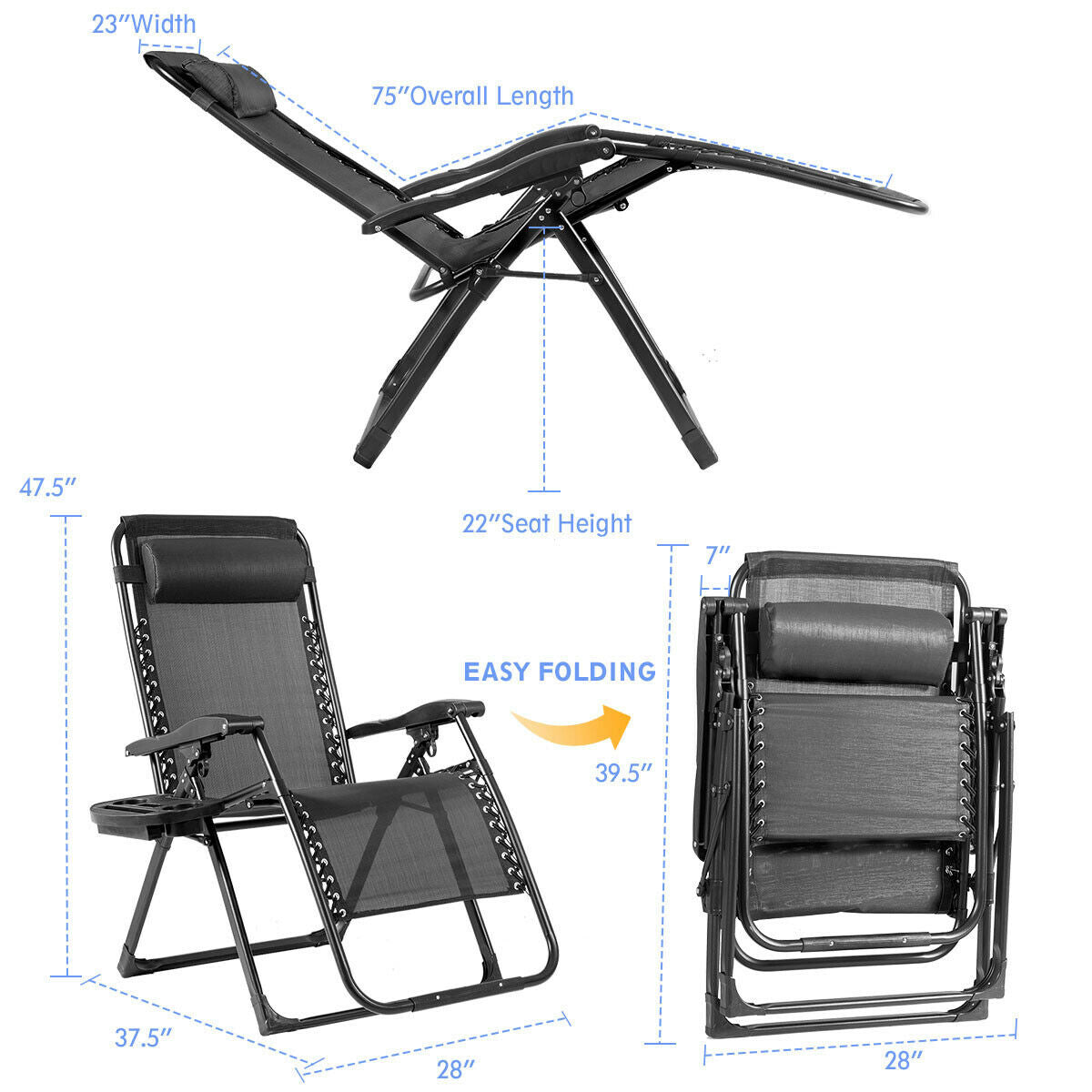 Oversize Lounge Chair with Cup Holder of Heavy Duty for outdoor-Black - Black
