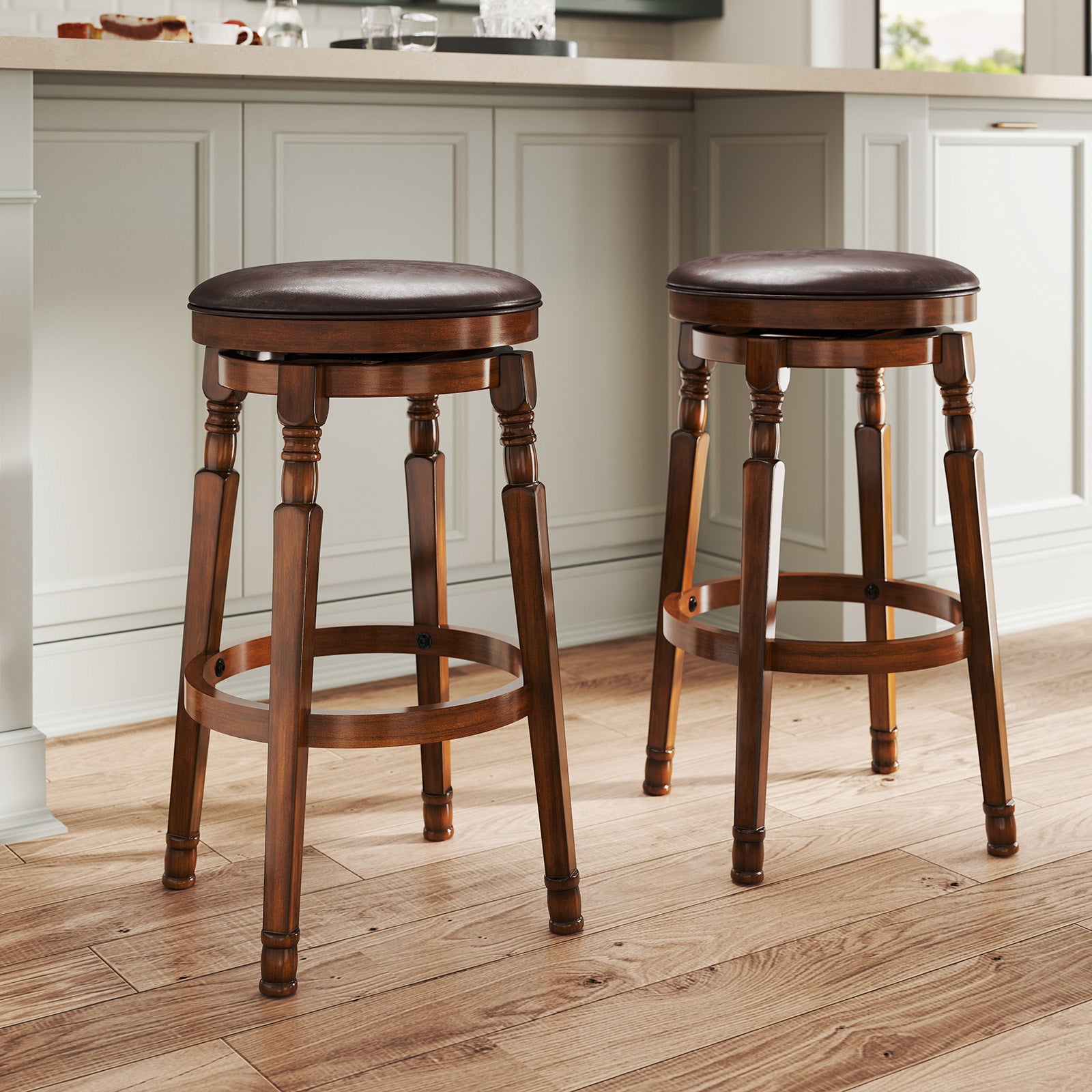 Set of 2 29-Inch Swivel Leather Padded Dining Bar Stools