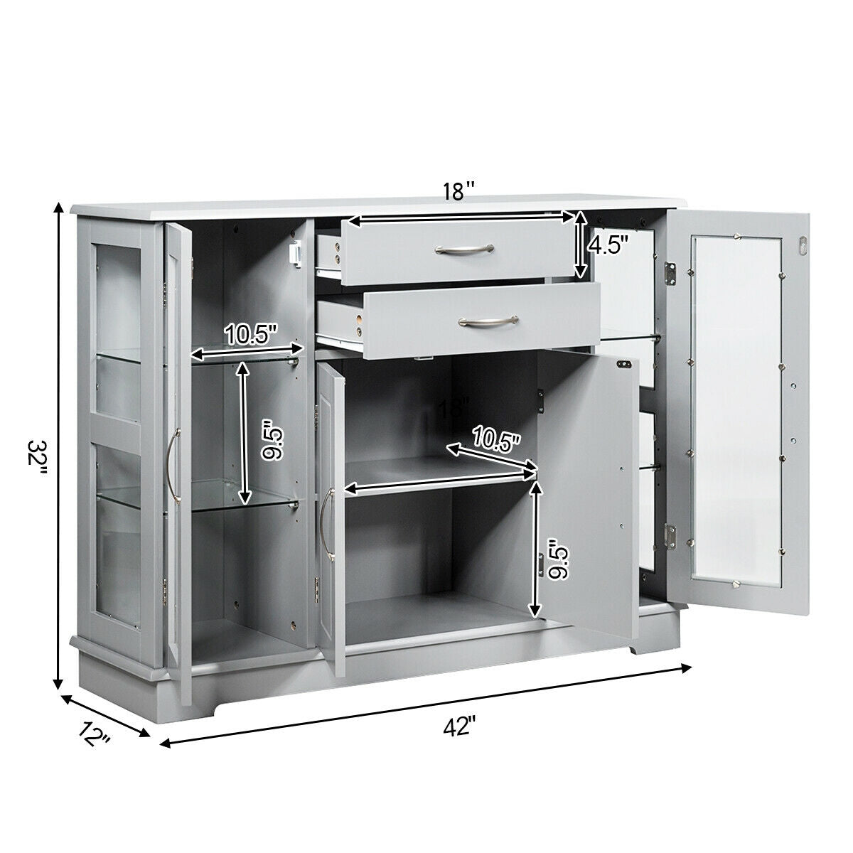 Sideboard Buffet Server Storage Cabinet with 2 Drawers and Glass Doors-White - Gray