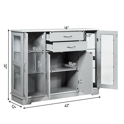 Sideboard Buffet Server Storage Cabinet with 2 Drawers and Glass Doors-White - Gray