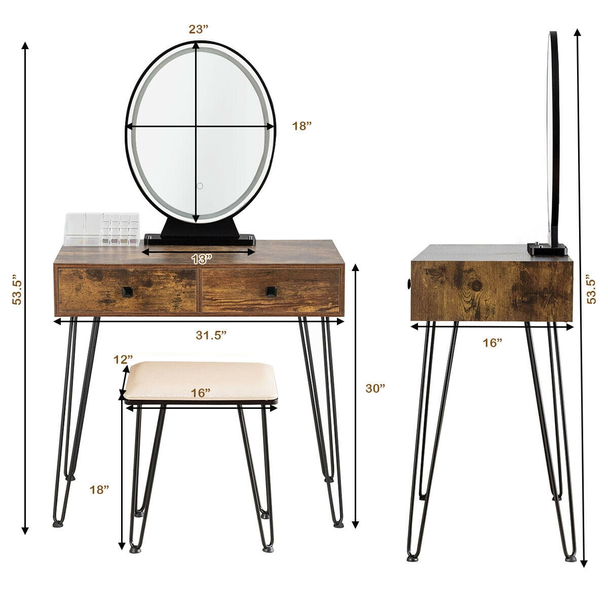 Industrial Makeup Dressing Table with 3 Lighting Modes
