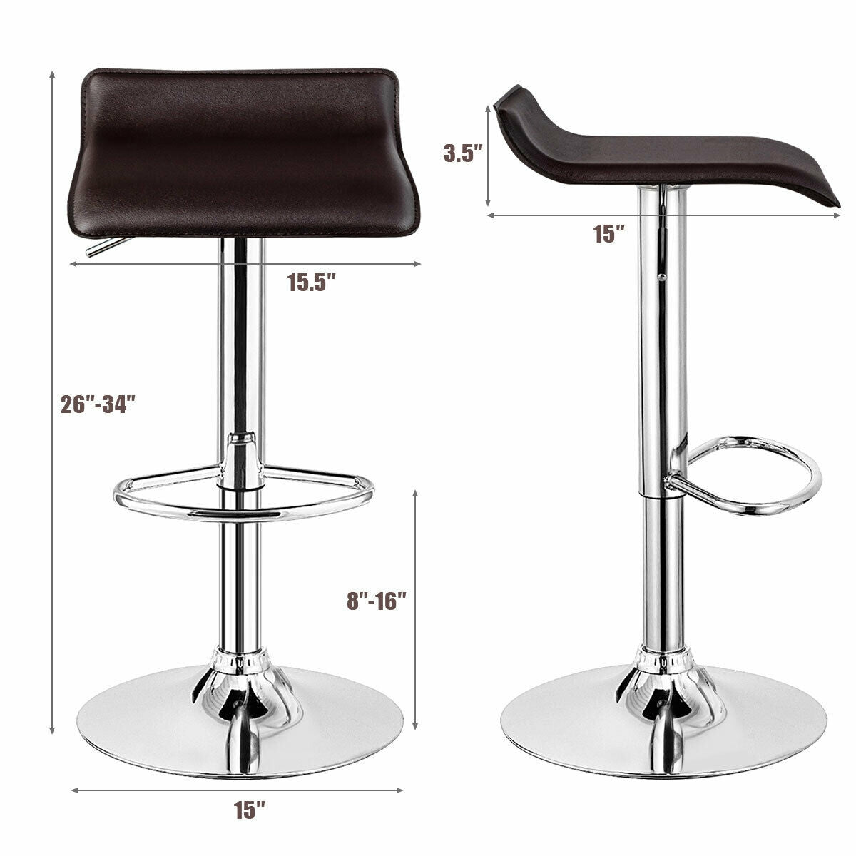 Set of 2 Adjustable PU Leather Backless Bar Stools-Coffee - Coffee