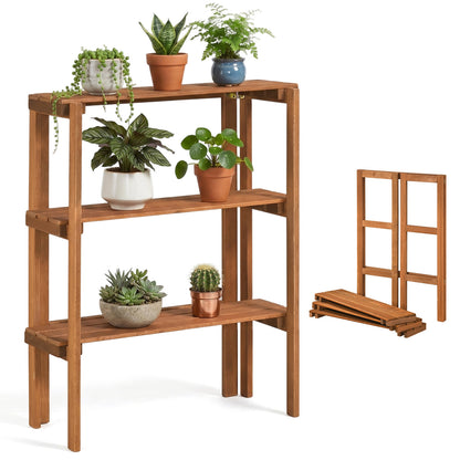 3-Tier Folding Wooden Storage Shelf for Entryway & Garden