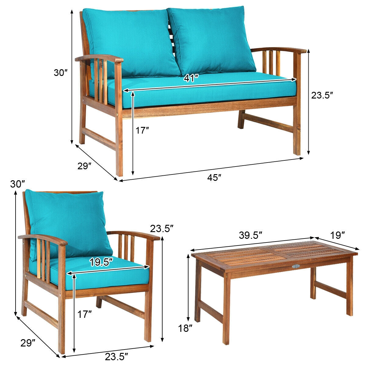 4-Piece Acacia Wood Patio Conversation Set with Cushions