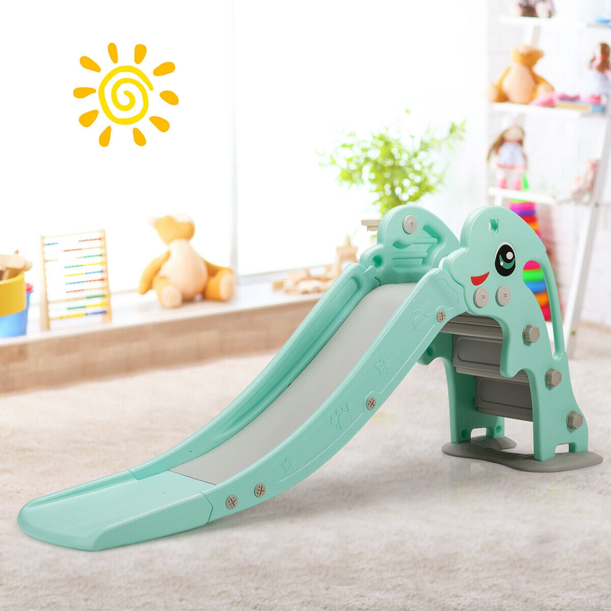 3-in-1 Kids Climber Slide Play Set with Basketball Hoop and Ball-Green