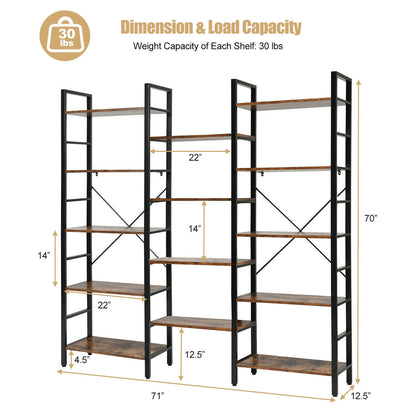 Vintage Triple Wide 5-Tier Bookcase Large Bookshelf Display Storage Shelf-Brown