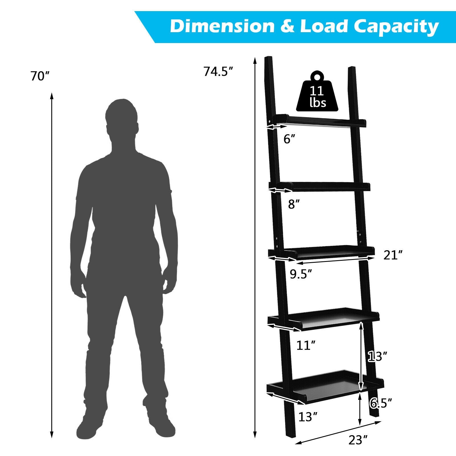 5-Tier Wall-leaning Ladder Shelf Display Rack for Plants and Books-Black