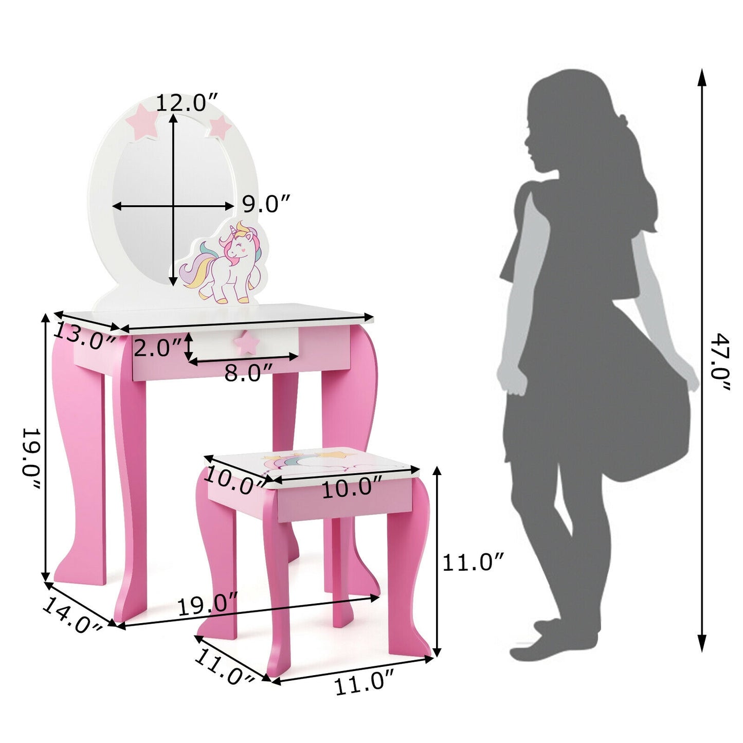 Kids Wooden Makeup Dressing Table and Chair Set with Mirror and Drawer-Pink