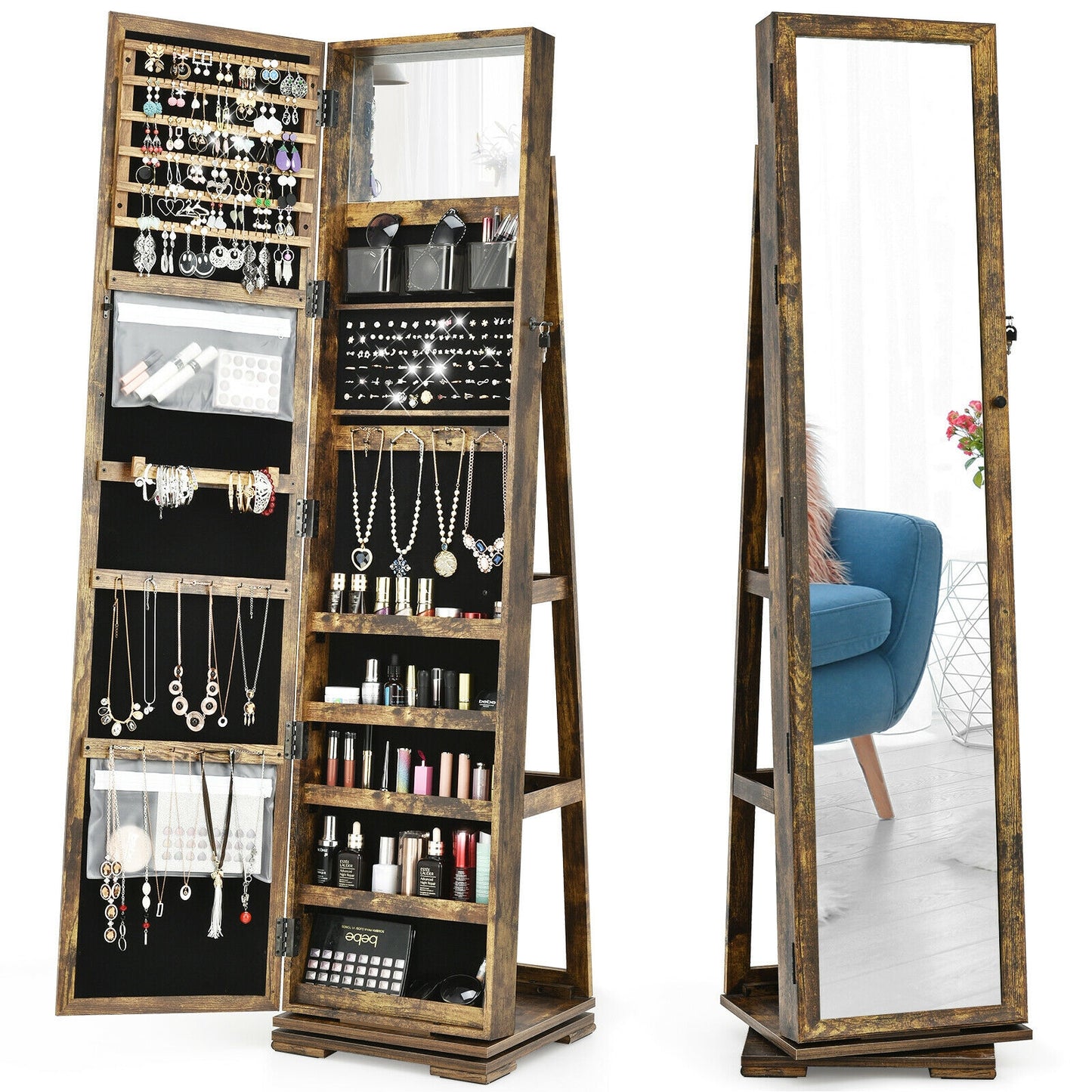 360° Rotatable 2-in-1 Lockable Jewelry Cabinet with Full-Length Mirror-Gray - Rustic Brown