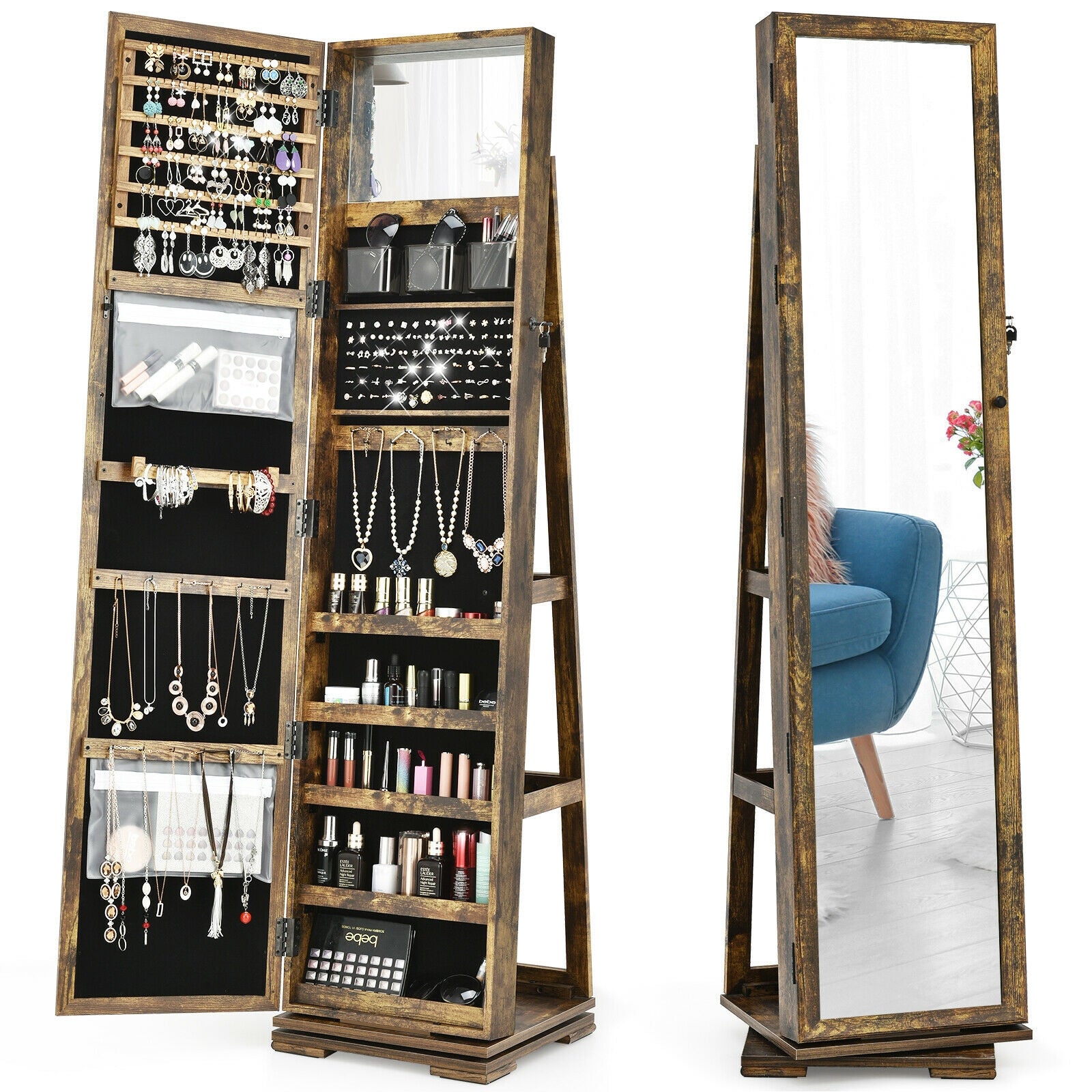 360° Rotatable 2-in-1 Lockable Jewelry Cabinet with Full-Length Mirror-Gray - Rustic Brown