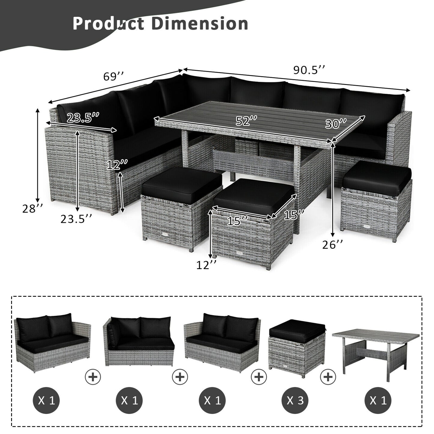 7 Pieces Patio Rattan Dining Furniture Sectional Sofa Set with Wicker Ottoman