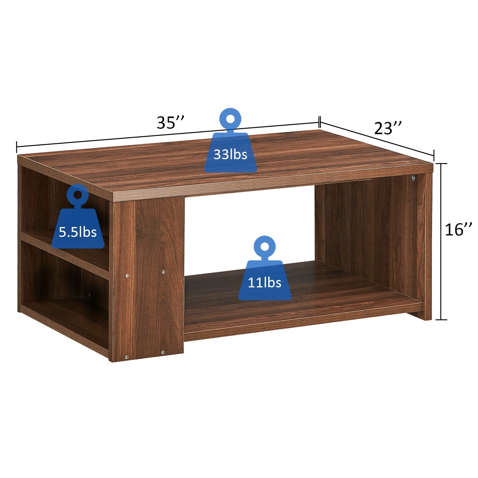 Coffee Table Sofa Side Table with Storage Shelves -Walnut