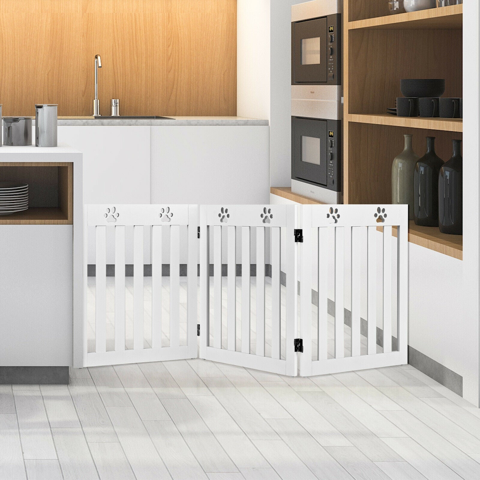 24 Inch Folding Wooden Freestanding Dog Gate with 360¬∞ Flexible Hinge for Pet-White