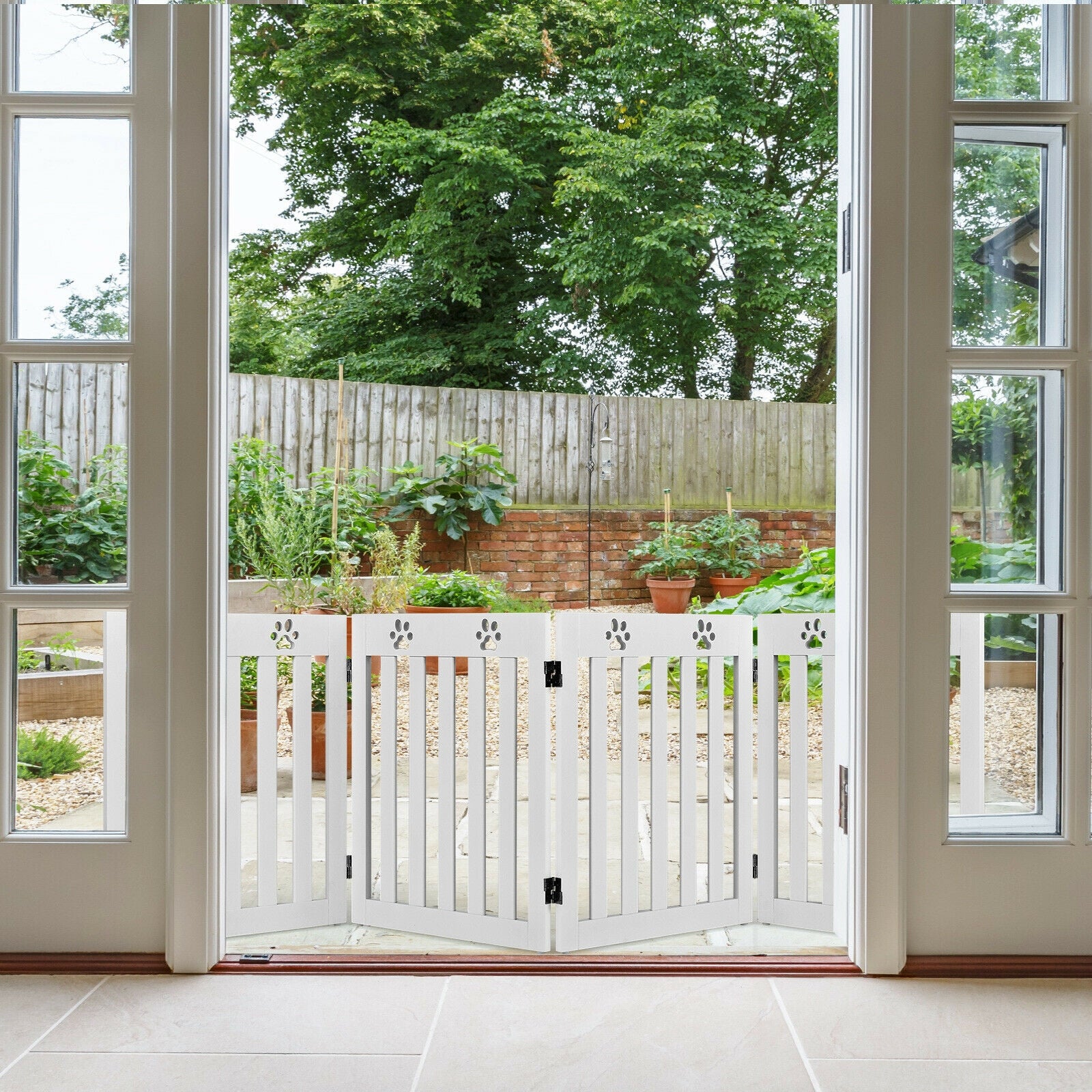 24 Inch Folding Wooden Freestanding Pet Gate Dog Gate with 360¬∞ Hinge -White
