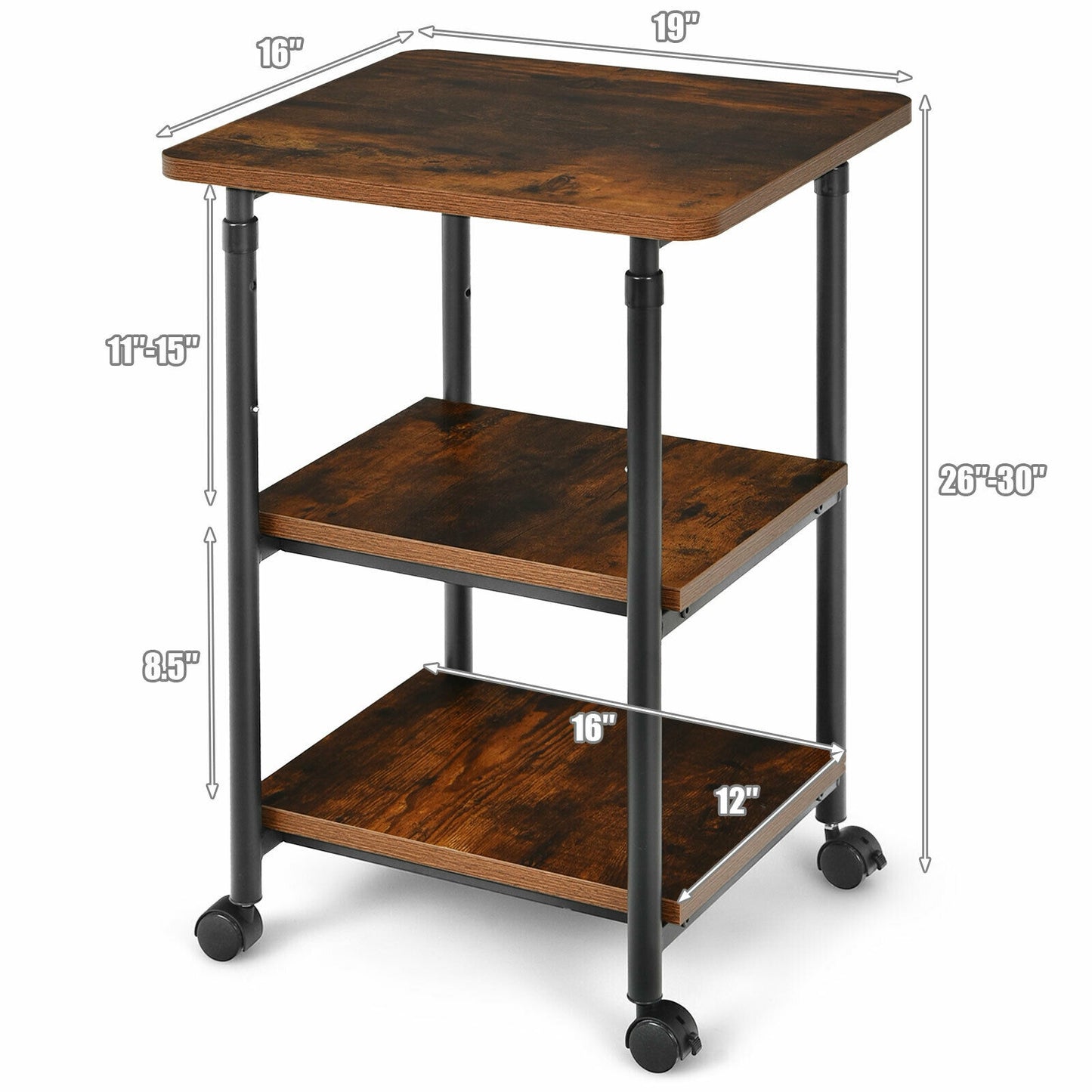 3-tier Adjustable Printer Stand with 360° Swivel Casters