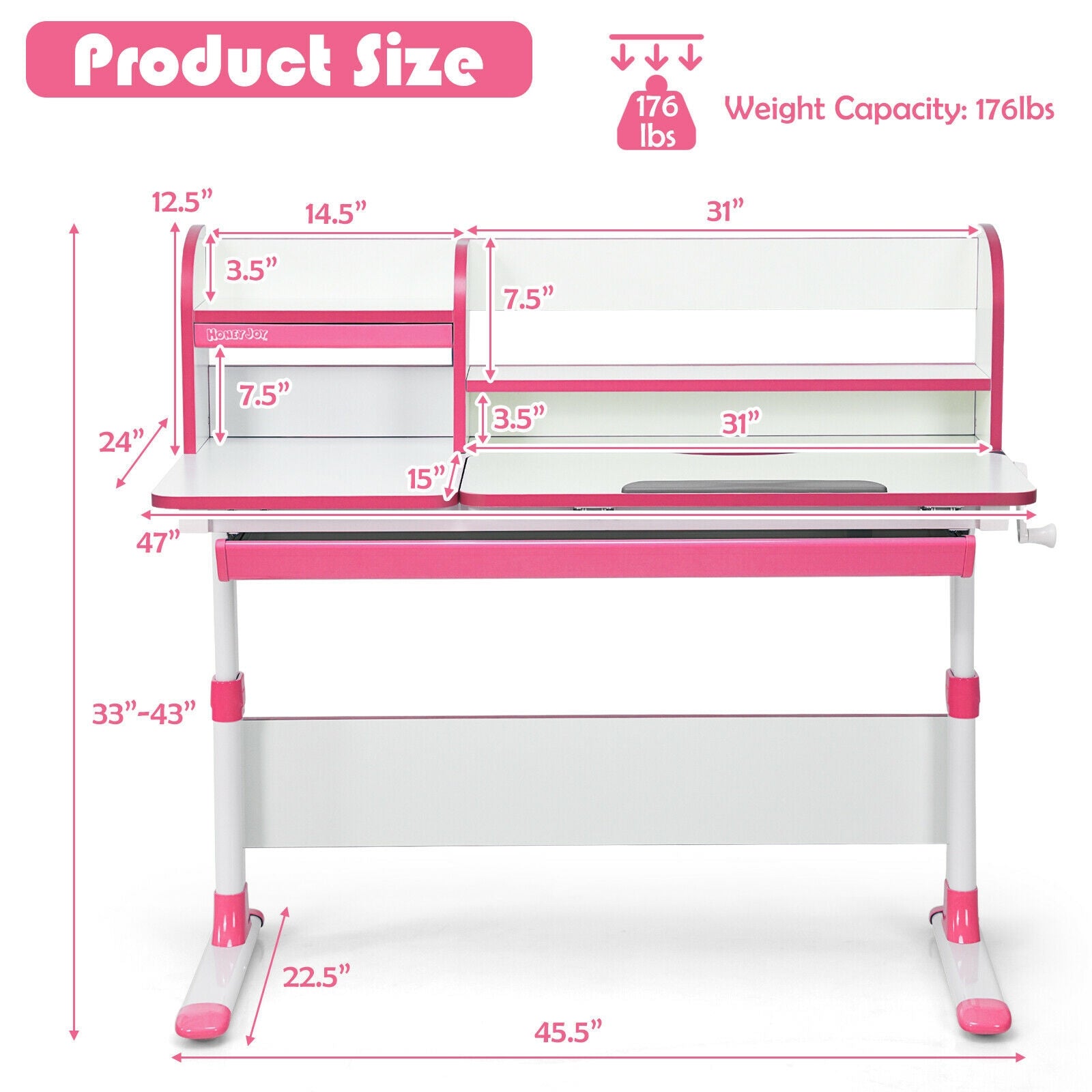Adjustable Height Study Desk with Drawer and Tilted Desktop for School and Home-Pink