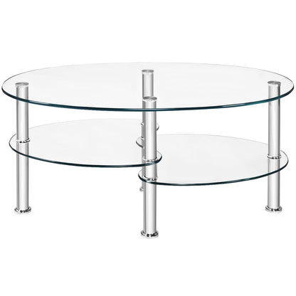 Tempered Glass Oval Side Coffee Table-Black - Transparent