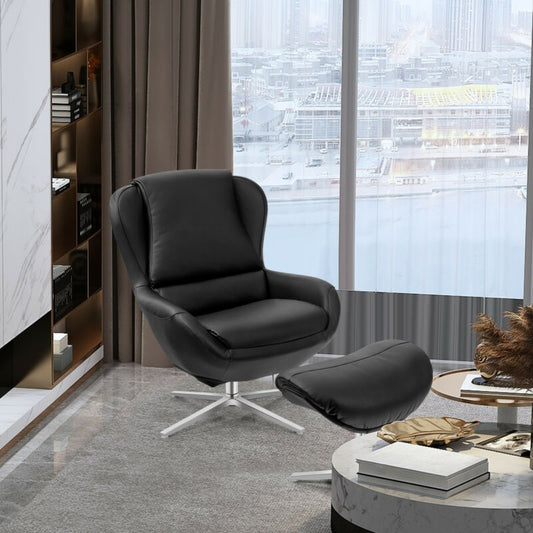 360¬∞ ¬†Swivel Leather Lounge Chair with Ottoman and Aluminum Alloy Base-Black