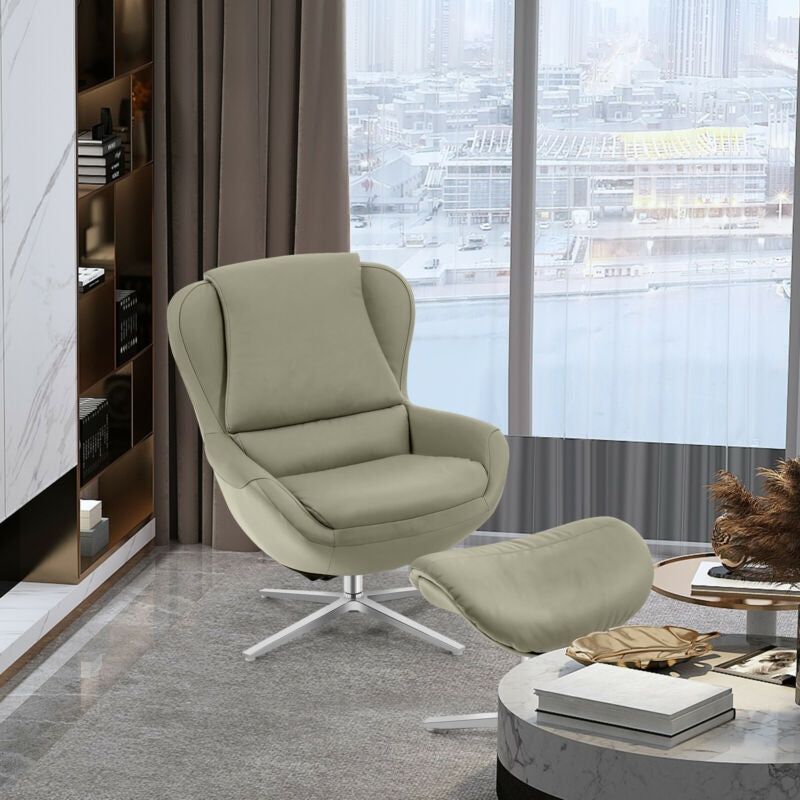 360¬∞ ¬†Swivel Leather Lounge Chair with Ottoman and Aluminum Alloy Base-Gray