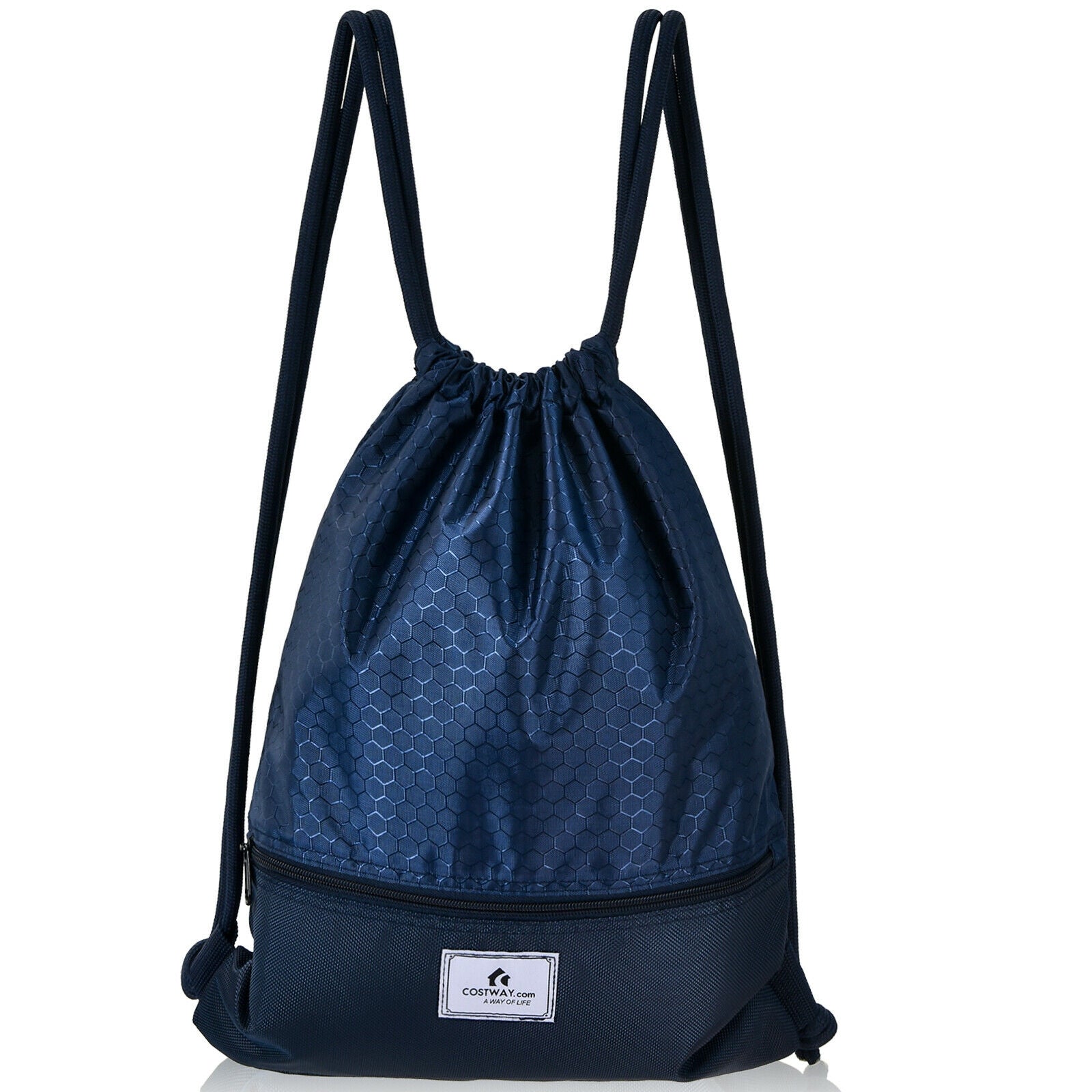 Drawstring Backpack String Bag Foldable Sports Sack with Zipper Pocket-Green - Dark Blue