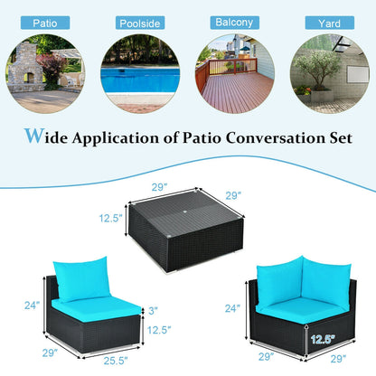 7 Pieces Sectional Wicker Furniture Sofa Set with Tempered Glass Top-Red - Blue