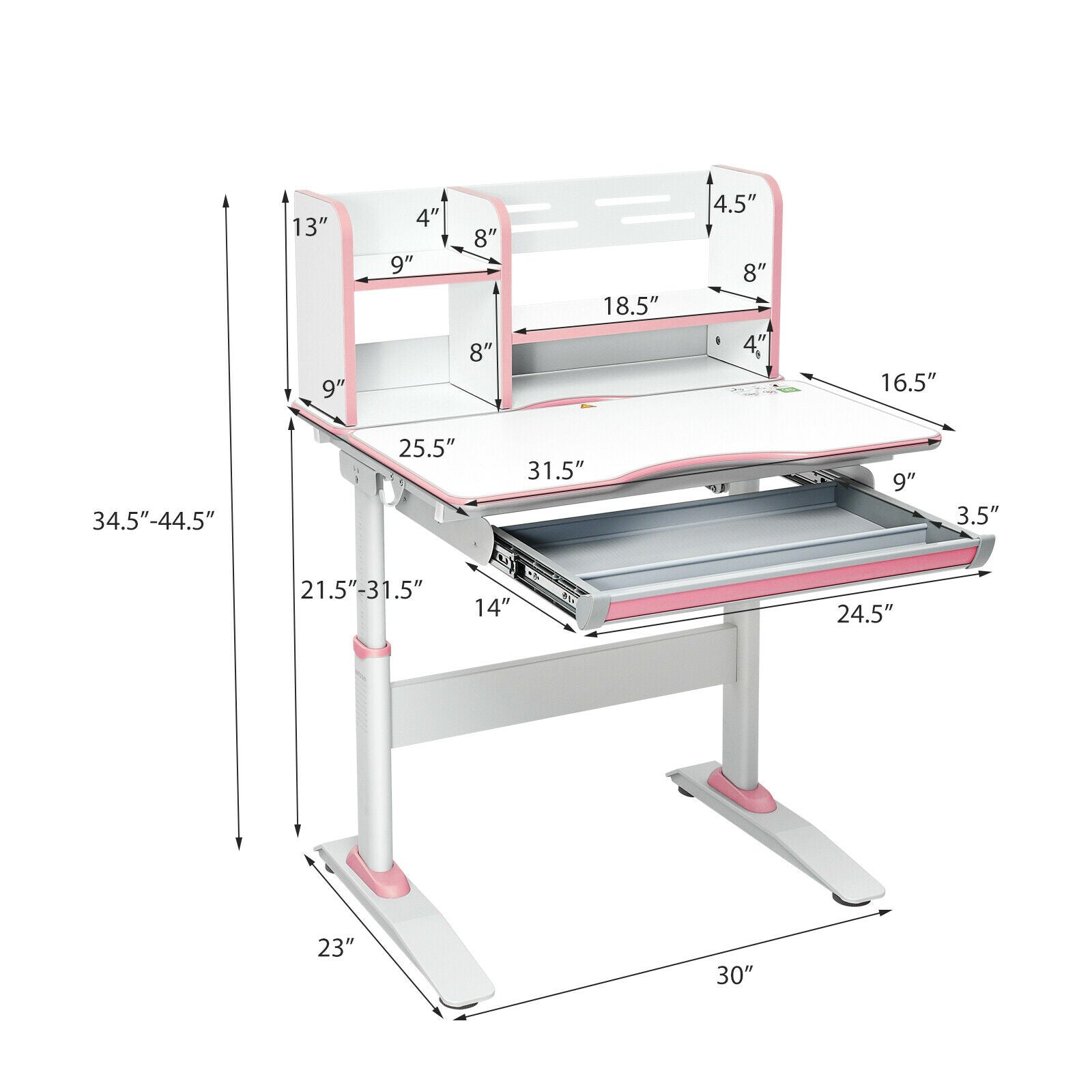 Kids Multifunctional Writing Desk with Tilt Desktop and Book Shelf-Pink