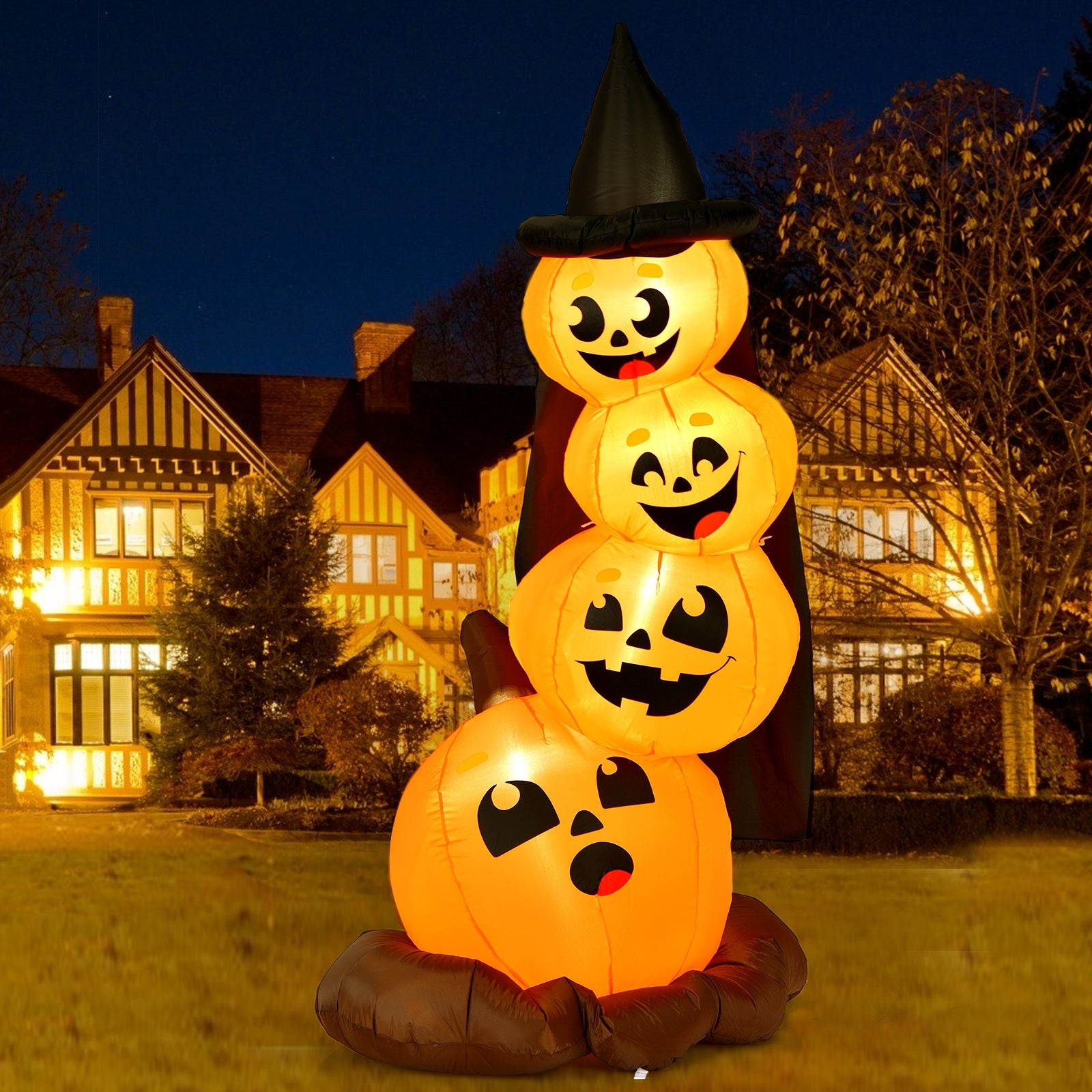 7 Feet Halloween Inflatable Pumpkin Combo with Witch's Hat and LED Lights