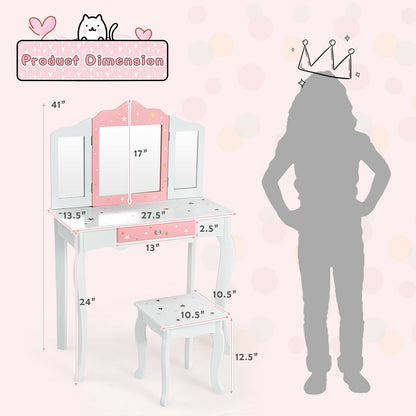 Kids Princess Vanity Table and Stool Set with Tri-folding Mirror and Drawer-Pink - White