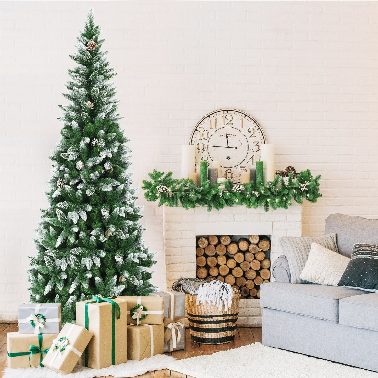 5/6/7.5 Feet Artificial Pencil Christmas Tree with Pine Cones-7 Feet