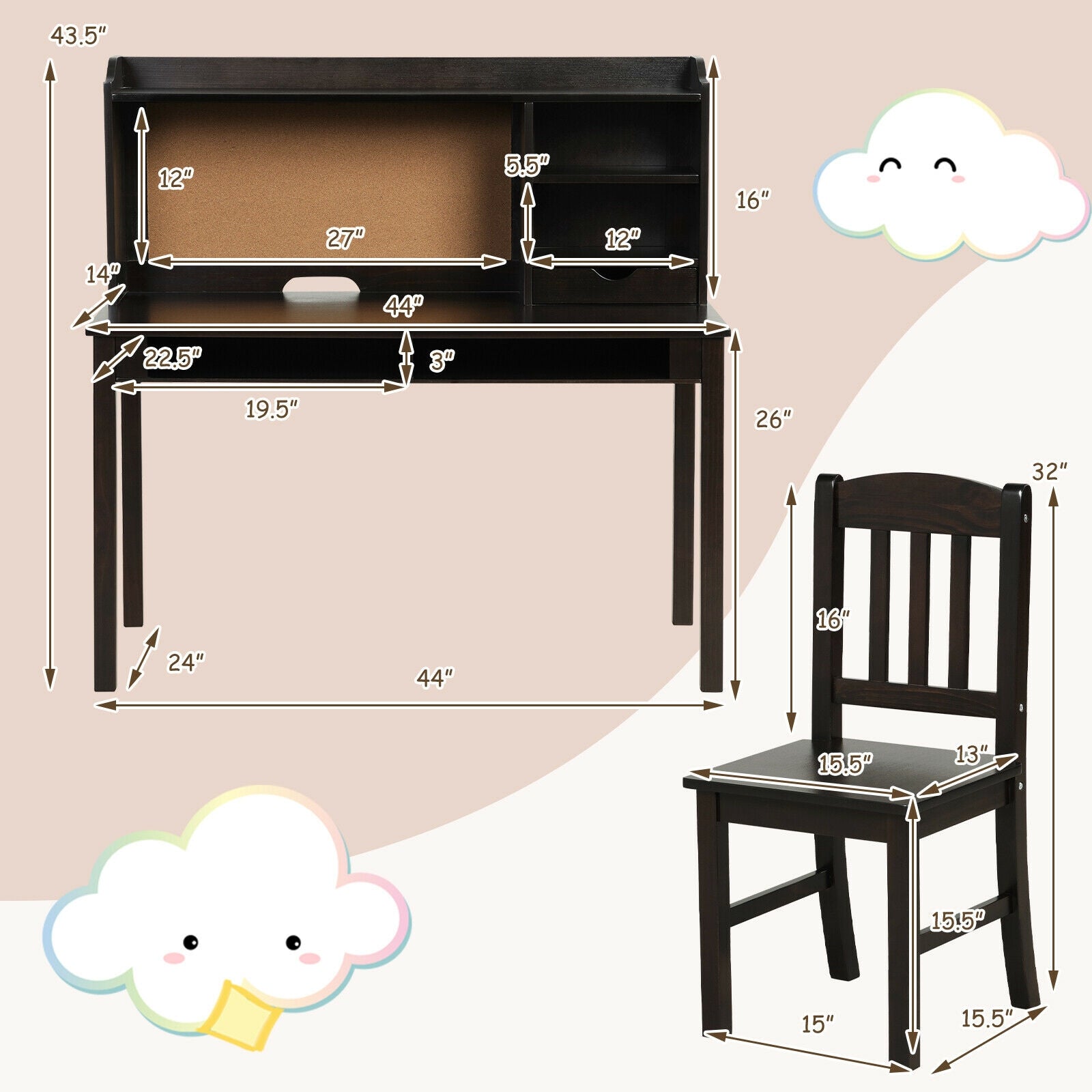 Kids Desk and Chair Set Study Writing Desk with Hutch and Bookshelves-Brown - Brown