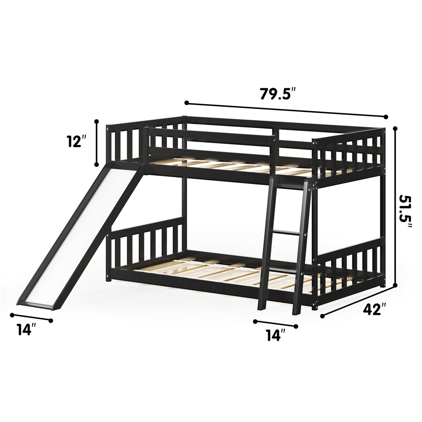 Twin over Twin Bunk Wooden Low Bed with Slide Ladder for Kids-Dark Brown