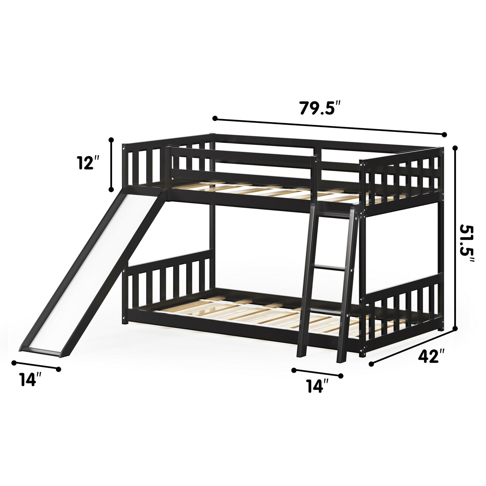Twin over Twin Bunk Wooden Low Bed with Slide Ladder for Kids-Dark Brown