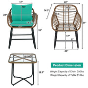 3 Pieces Patio Rattan Bistro Set Cushioned Chair Glass Table Deck-Turquoise