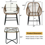 3 Pieces Patio Rattan Bistro Set Cushioned Chair Glass Table Deck-White