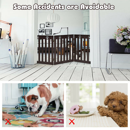 24 Inch Folding Wooden Freestanding Dog Gate with 360¬∞ Flexible Hinge for Pet-Dark Brown