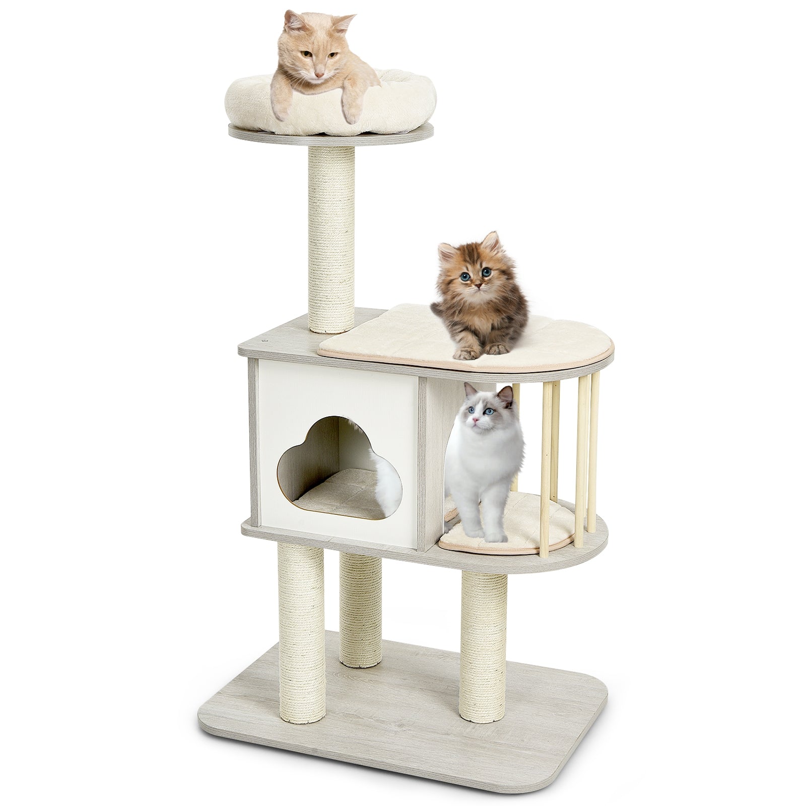 46 Inch Wooden Cat Activity Tree with Platform and Cushions-Brown - Default