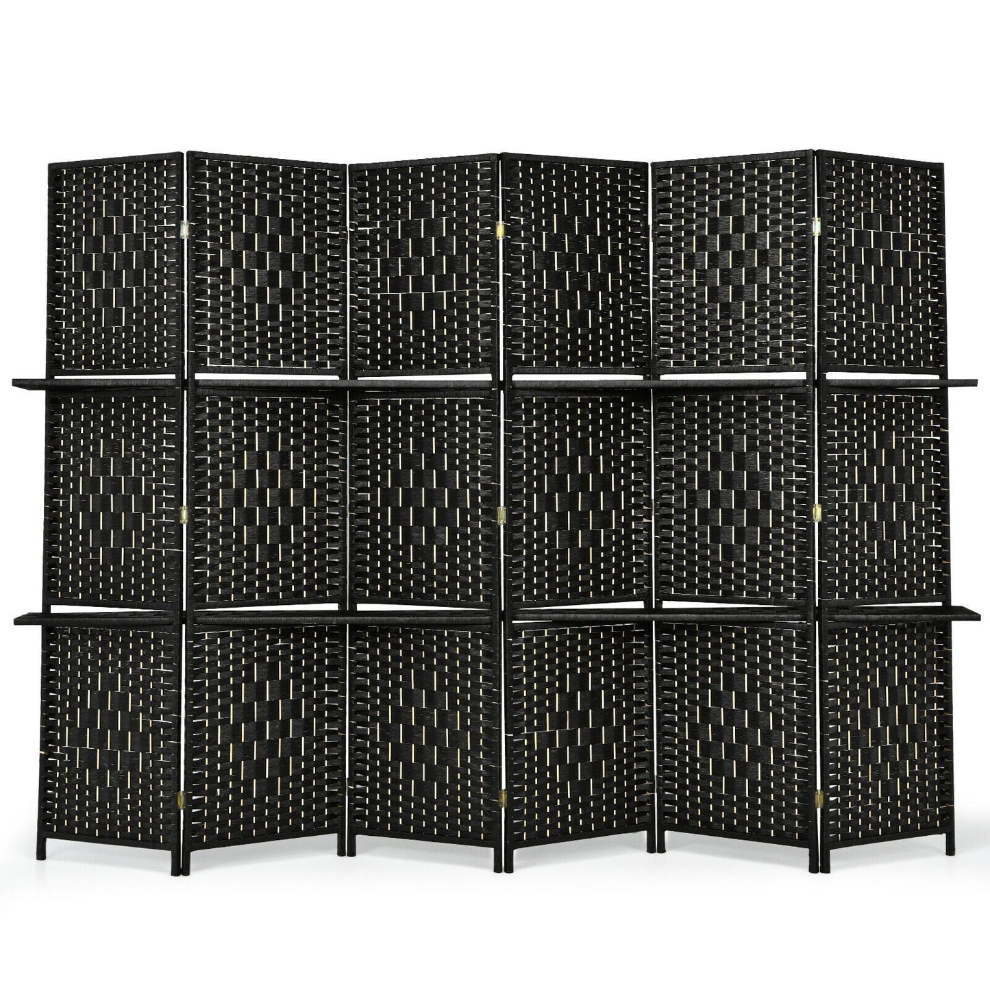 6 Panel Folding Weave Fiber Room Divider with 2 Display Shelves -Brown - Black