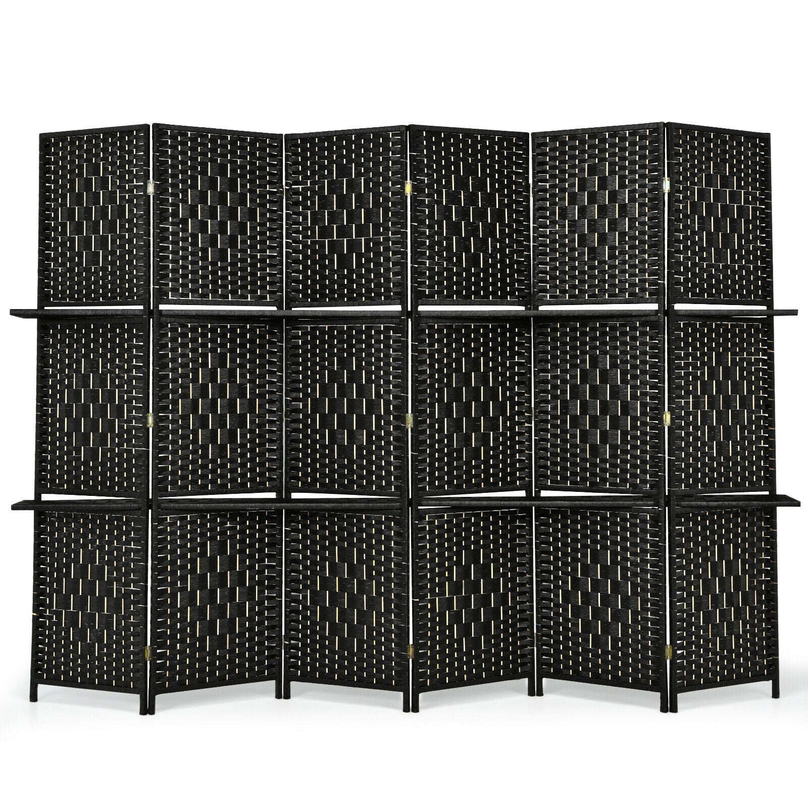 6 Panel Folding Weave Fiber Room Divider with 2 Display Shelves -Brown - Black