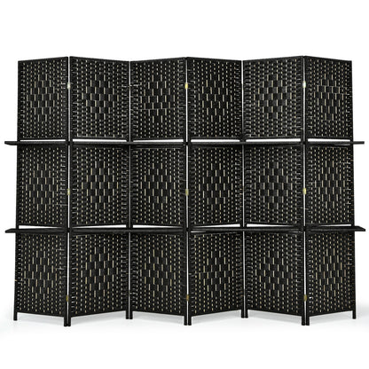 6 Panel Folding Weave Fiber Room Divider with 2 Display Shelves -Brown - Black