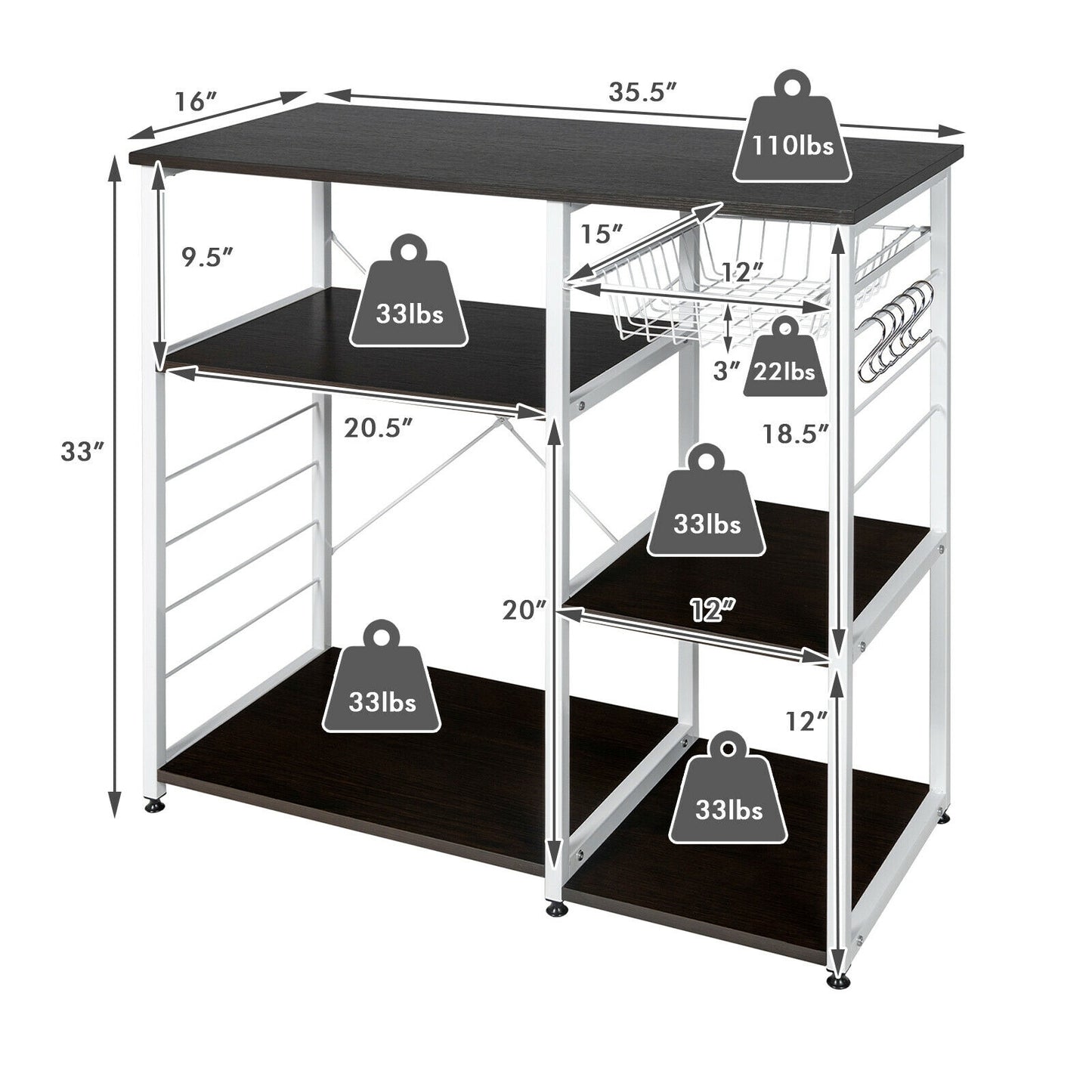 Industrial Kitchen Baker's Rack Microwave Shelf with 6 Hooks
