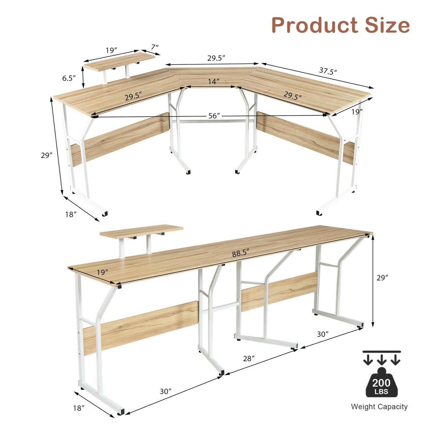 88.5 Inch L Shaped Reversible Computer Desk Table with Monitor Stand-Natural