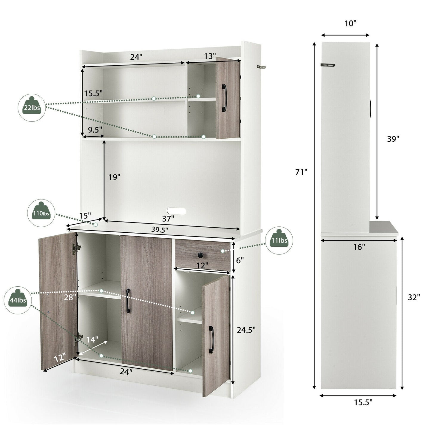 4-Door Freestanding Kitchen Buffet with Hutch and Adjustable Shelves-White