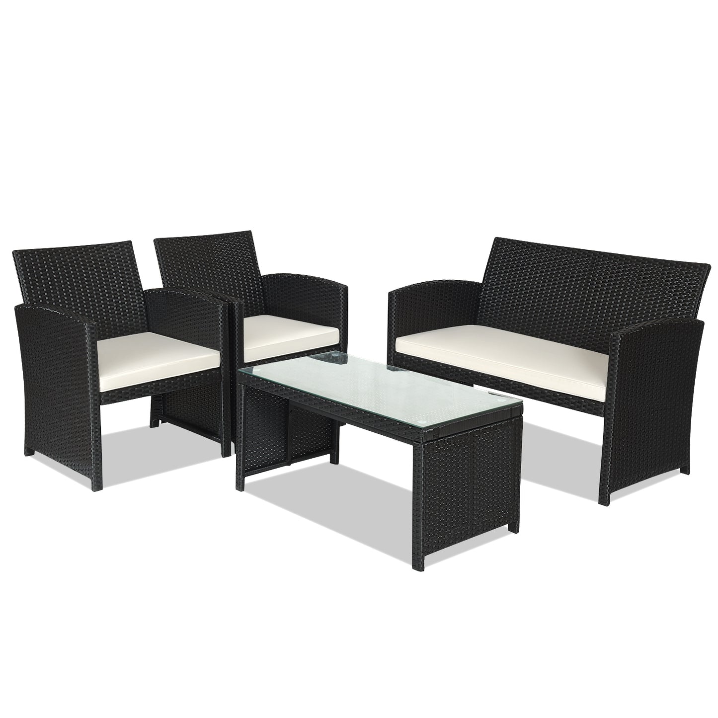 4 Pieces Rattan Patio Furniture Set with Weather Resistant Cushions and Tempered Glass Tabletop-Navy - White