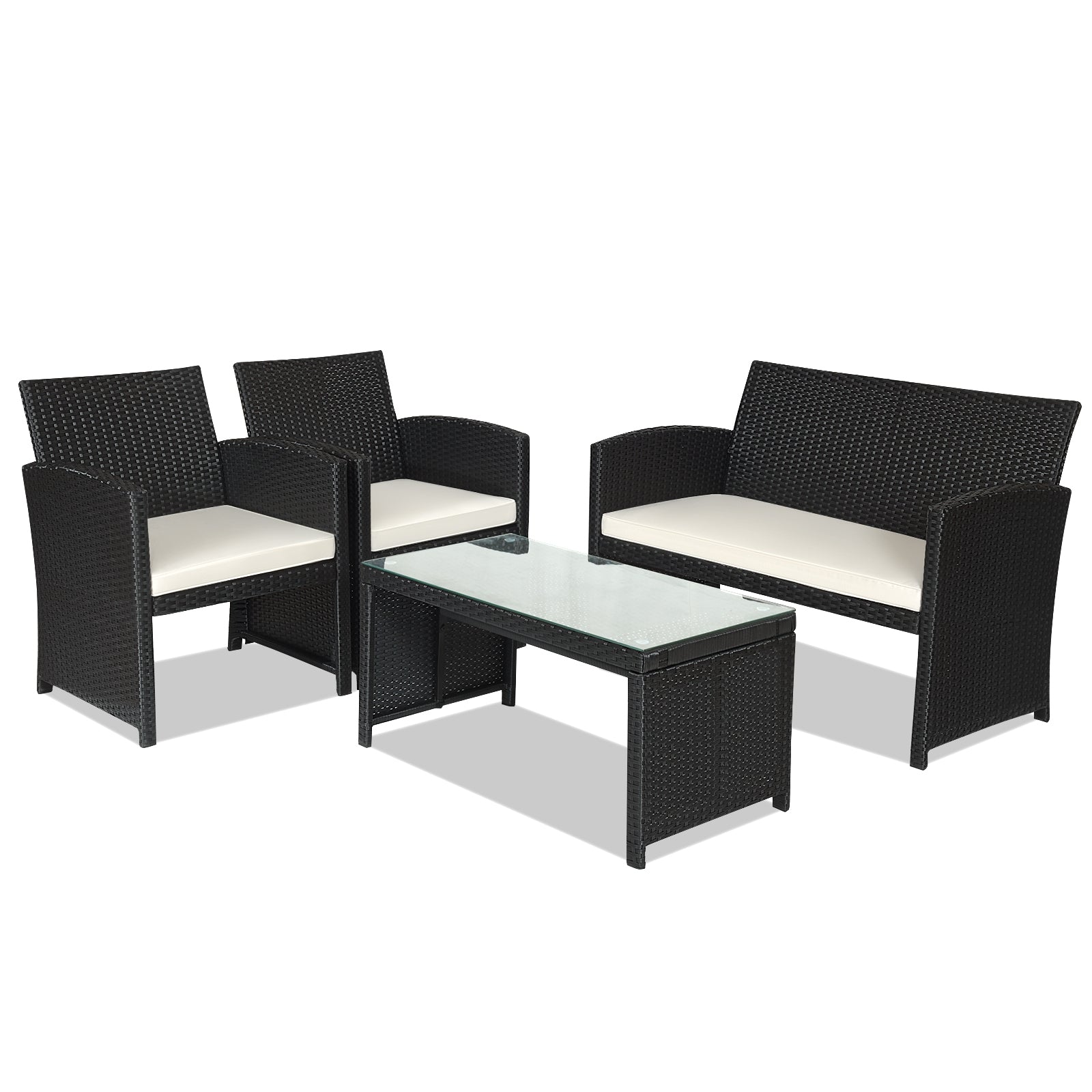 4 Pieces Rattan Patio Furniture Set with Weather Resistant Cushions and Tempered Glass Tabletop-Navy - White