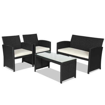 4 Pieces Rattan Patio Furniture Set with Weather Resistant Cushions and Tempered Glass Tabletop-Navy - White